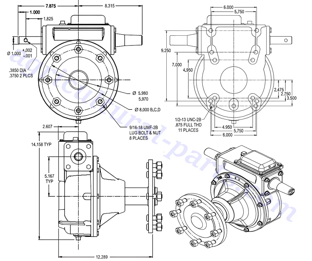 Center Pivot Irrigation Gearbox 740UV Dimensions
