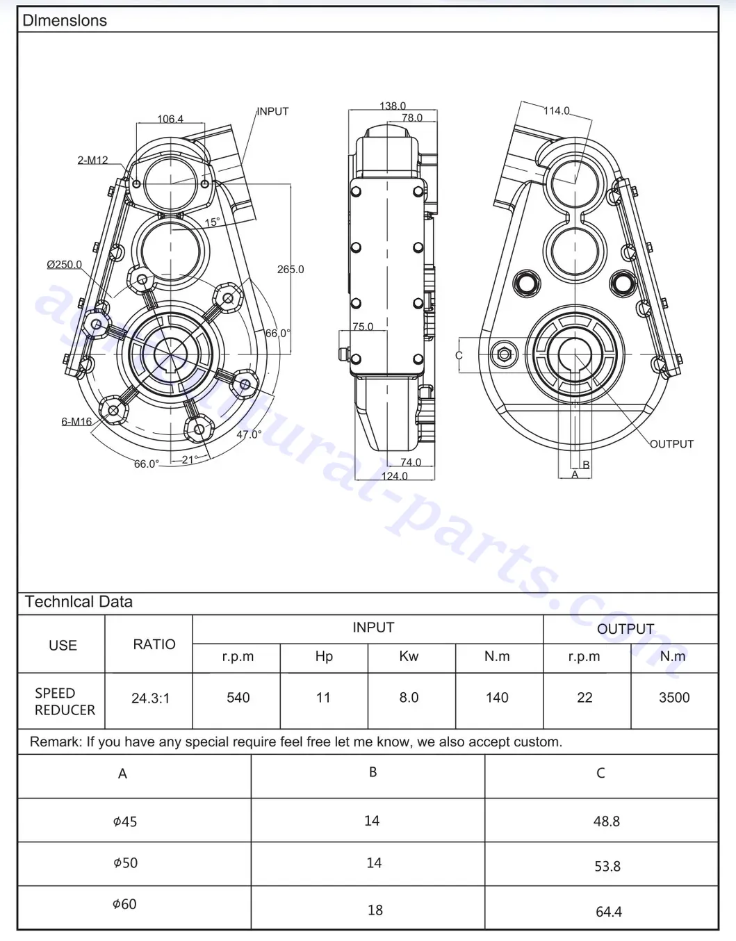 Hydraulic Drive Gearbox EPT35 Dimensions