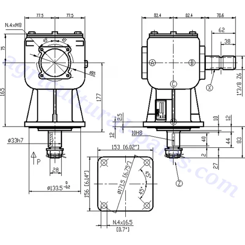 Rotary Mower Gearbox LF-211J Dimensions