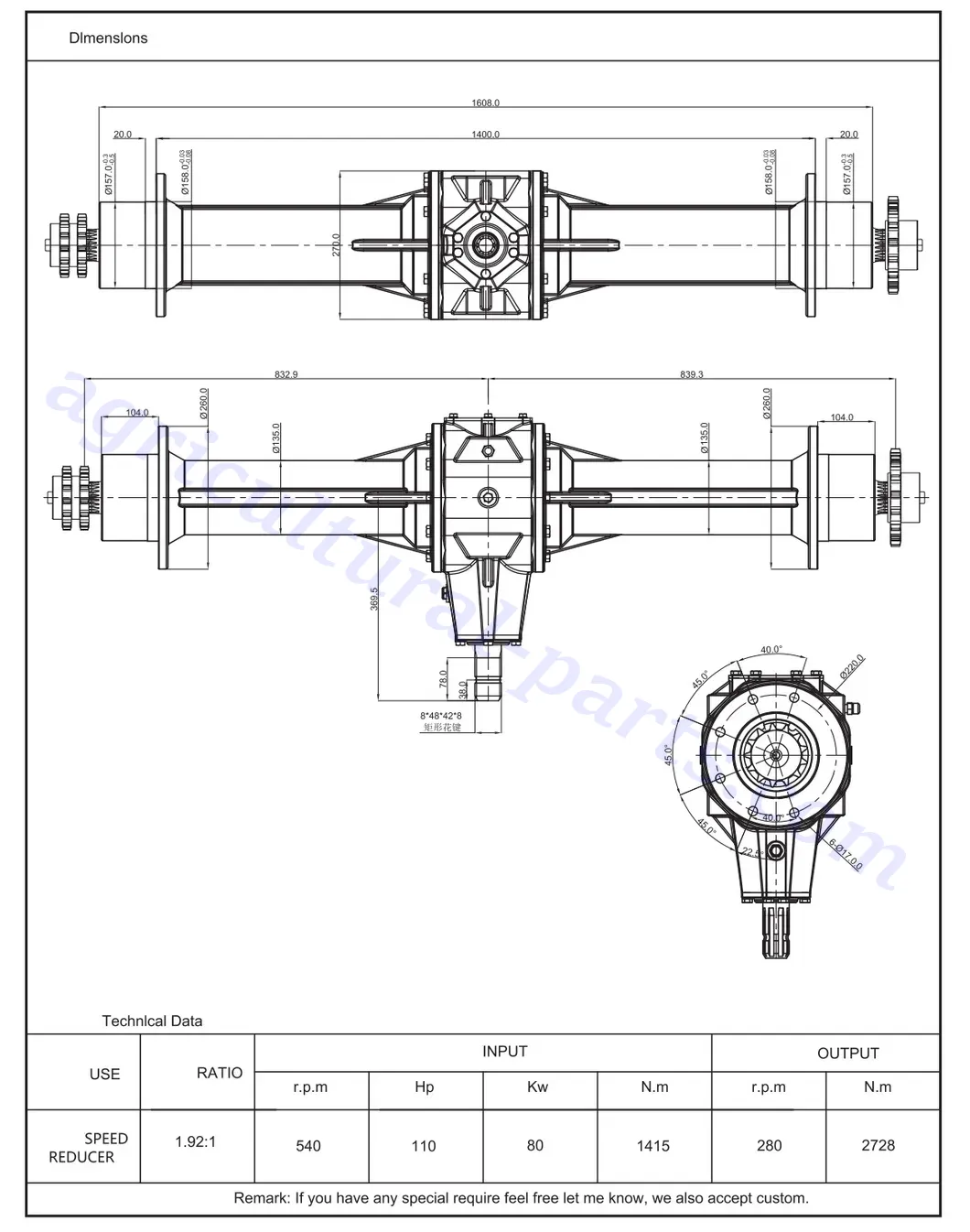 Round Baler Gearbox EPT9.0-HL01 Dimensions