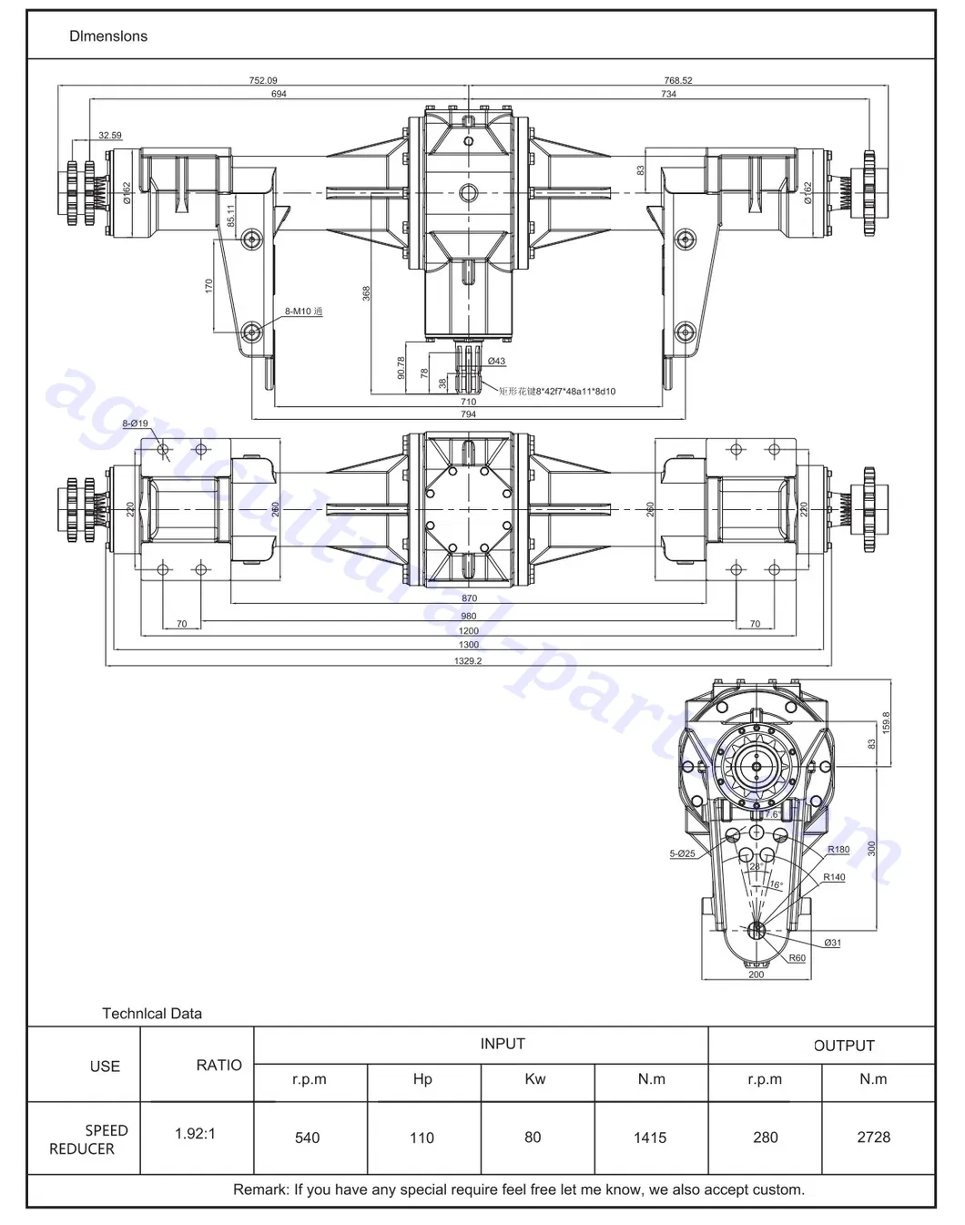Round Baler Gearbox EPT9.35 Dimensions