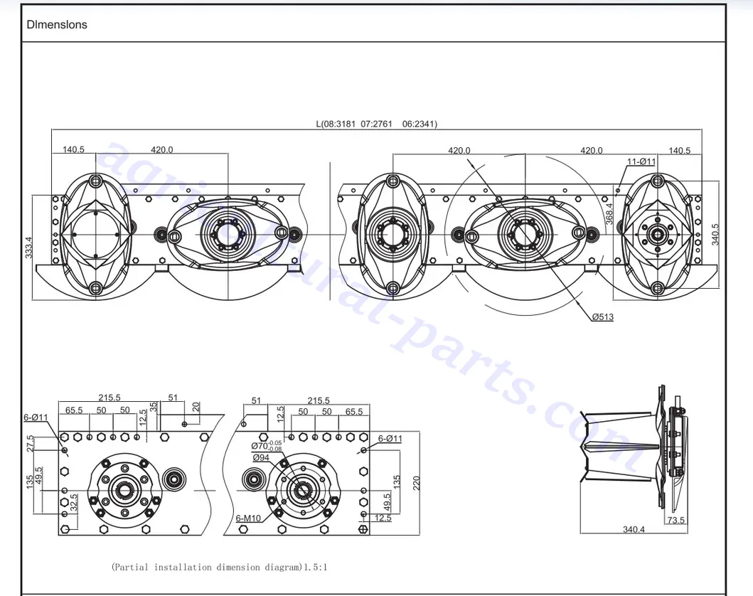 Trailed Disc Mower Gearbox EPT-GCYB Dimensions