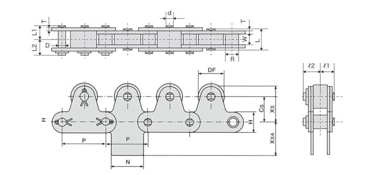 Stainless Steel Double-row Top Roller Chain Dimensions