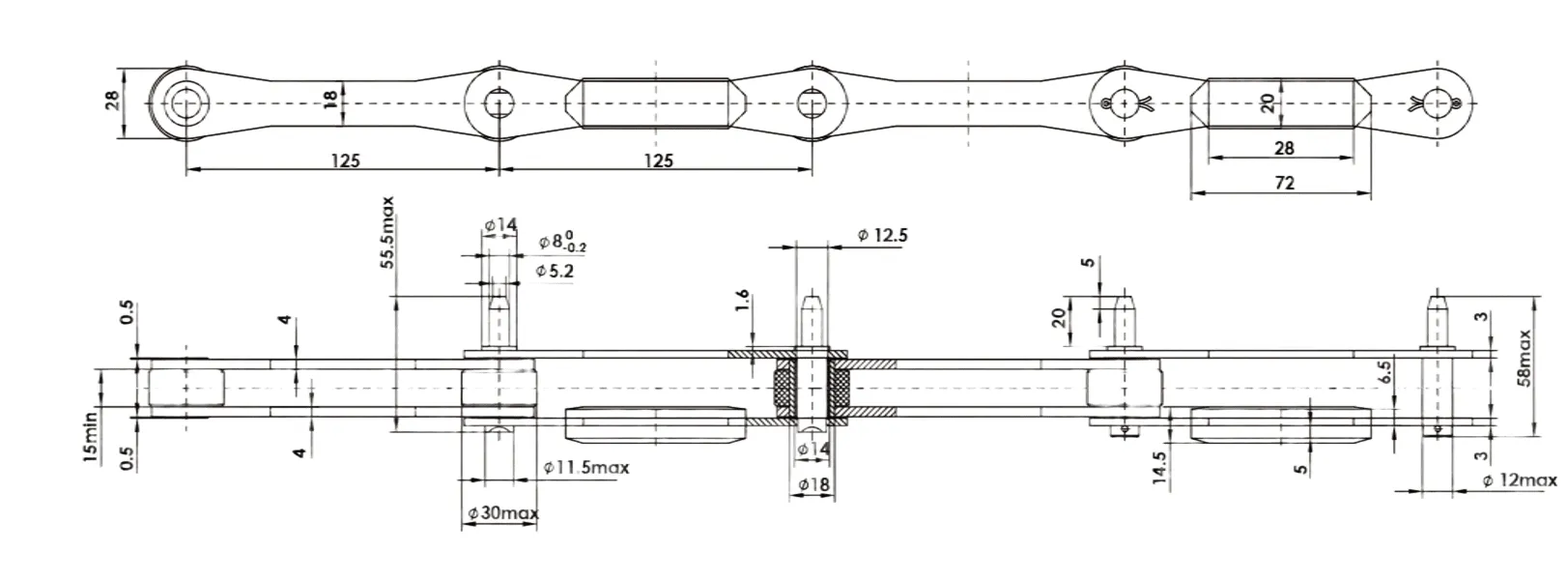 P125FTC15-A Freezing Tunnel Chain Dimensions
