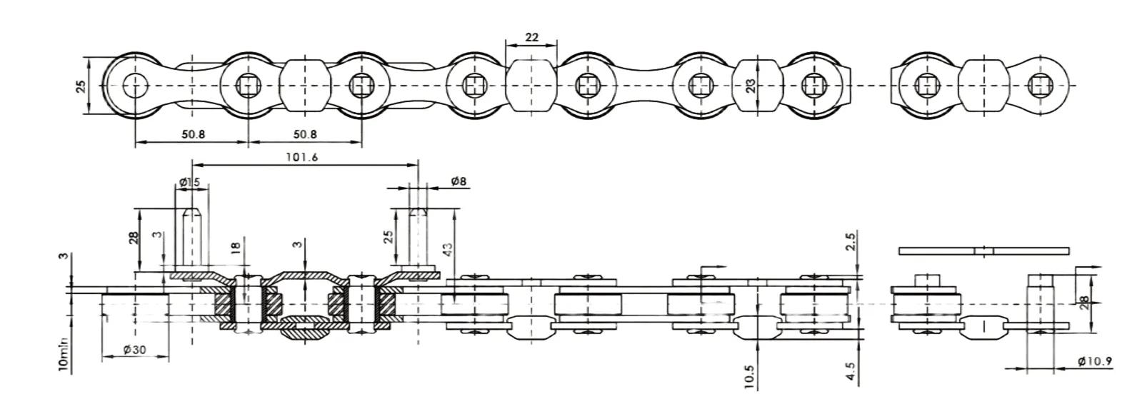 P50.8FTC10-F Freezing Tunnel Chain Dimensions