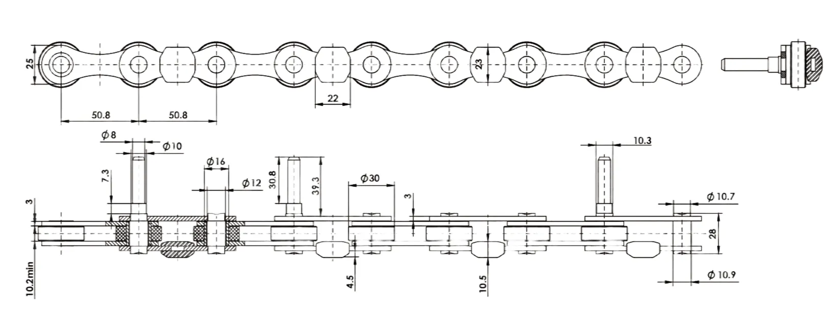 P50.8FTC10.2-E Freezing Tunnel Chain Dimensions