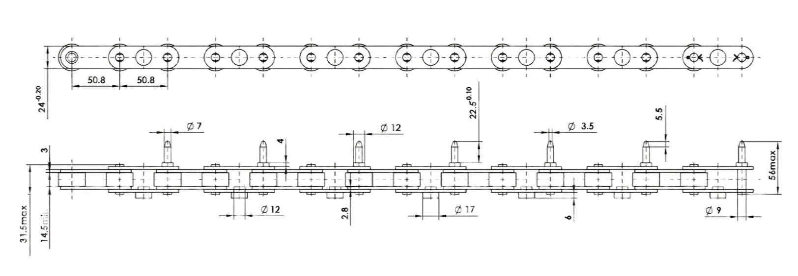 P50.8FTC14.5-B Freezing Tunnel Chain Dimensions